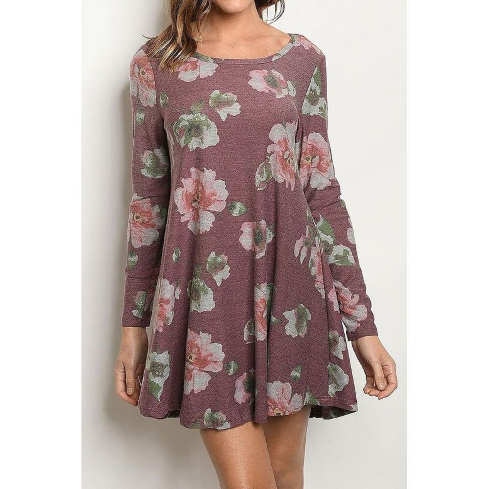 World of Leggings Long Sleeve Vintage Floral Round Neck Mini Dress